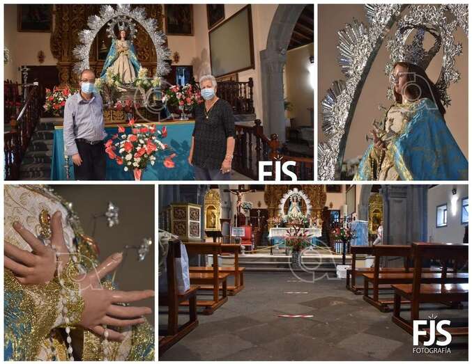 La imagen de la Virgen fue bajada ayer de su hornacina y engalanada durante esta mañana por un grupo de voluntarios/Francisco Santana Ravelo.